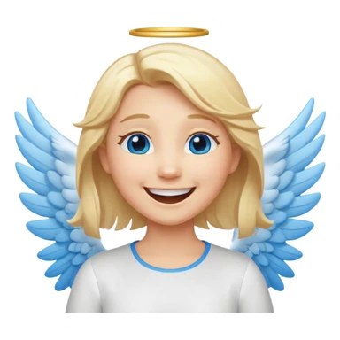 angel emoji blonde hair, blue eyes and smiling, larger wings with darker outline on them and bigger smile and more smiley eyes laughing sticker