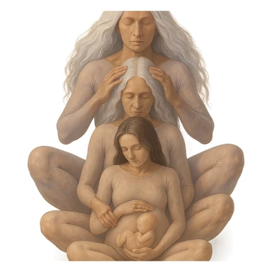 Variant: Several generations of women sitting one behind another as in the reference image, all wearing flesh-colored bodysuits. Realistic volumetric drawing with emphasis on expressive shadows and highlights, soft lighting, pastel palette including #98B5BC, #B5B3C1, #C9A3C9, #E4C0CA, #F7DCD1, #F7C0AA. Transparent background, no decoration. Composition and poses as in the reference. sticker