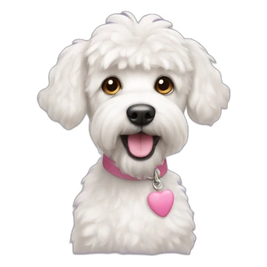 A white terrier poodle mix dog with a pink tail sticker