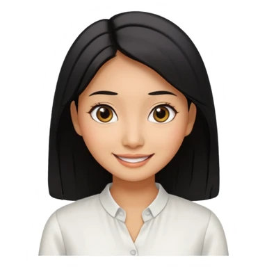 30 yr old asian woman center parted hair big eyes big smile tanned skin straight black hair hippie part hair white blouse sticker