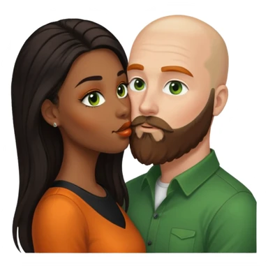ebony black women with long balayage brown/black hair.  She is kissing bald white man. The White man is pale, green eyes has orange facial hair and long beard sticker