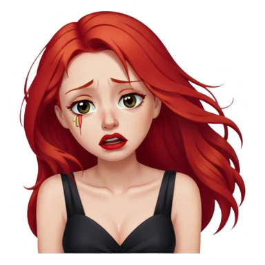 a crying woman with long red hair and red eyes. The woman wear a black little cutted dress. She have red lipstick and she have a seductive look. She cryed tears  sticker