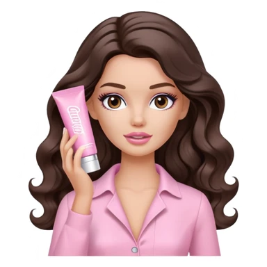 A white Barbie girl with long dark brown wavy hair in pale pink clothes smears by hand cosmetic cream on her face sticker