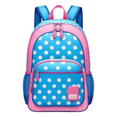 A stylish cute school backpack, medium-sized, with a modern design in bright blue and pink. It features a polka dots pattern of across the front pocket, giving it a sleek yet dynamic look, front view sticker