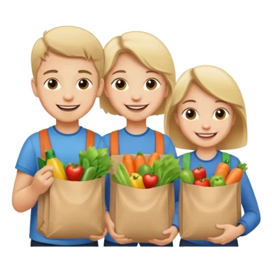 caucasian kids putting groceries in bags smiling sticker