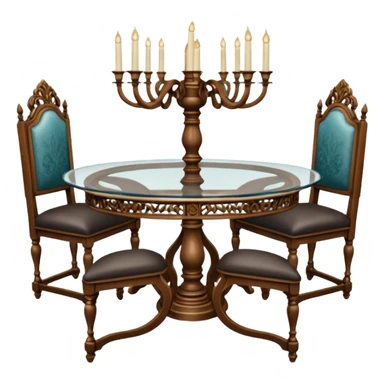 A glass topped ding table with 2 side benches and 2 thrones at the ends sticker