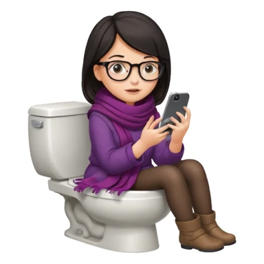 Fille châtain foncé avec lunettes. Elle porte une grosse écharpe. Elle est dans une cuvette de toilette. Téléphone en main. Realiste sticker