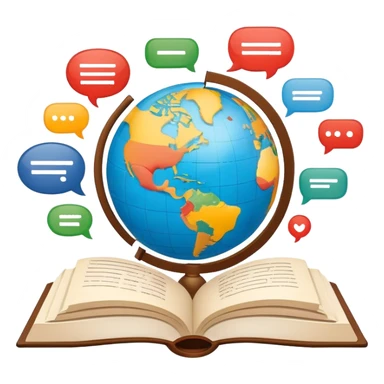 An icon showing a globe surrounded by speech bubbles with greetings in different languages, like 'Hello,' 'Hola,' and 'Bonjour.' The design includes an open book and a quill, symbolizing learning and communication. Transparent background emphasizes global connection through language. sticker