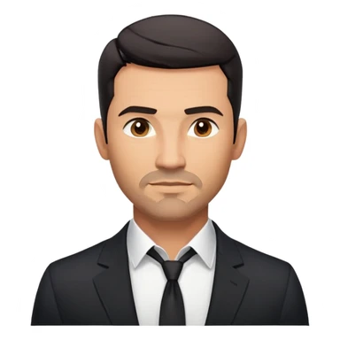 Handsome athletic man in his mid-40s with tan skin, short black hair with clear fade cut, 5 o'clock shadow facial hair, strong square masculine face, warm approachable expression, black blazer worn open, white buttoned shirt with collar unbuttoned, explicitly no tie sticker