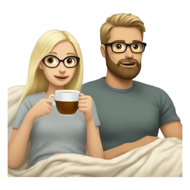 Pale blonde girl wearing glasses drinking tea under blanket with bearded brunette man sticker