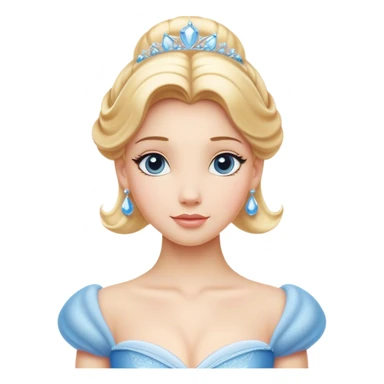 Cinematic Elegant Cinderella Portrait Emoji, rendered in a beautifully detailed, vector-style with minimal shading and bold, simplified shapes. Depict Cinderella in her classic ball gown (chest and above) with fair, porcelain skin and elegantly styled blonde hair, her eyes soft and kind, and her expression serene and graceful. The design glows with a gentle, enchanting radiance and high shine, capturing the timeless beauty of a fairy tale princess. sticker
