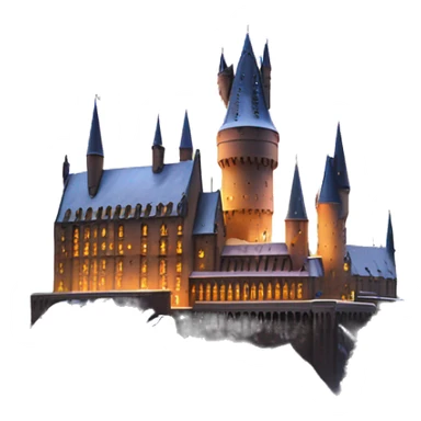 Hogwarts castle covered in snow, with warm lights glowing from the windows, creating a cozy, magical holiday scene sticker