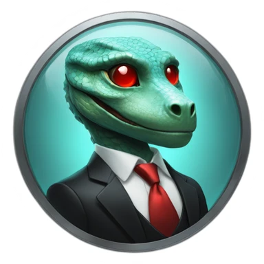 Aquamarine reptilian in classic black suite with red laser eyes on the platinum coin sticker