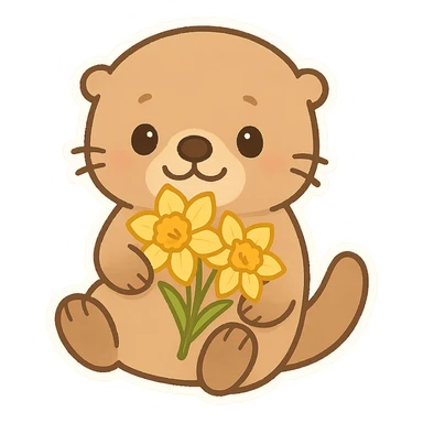 Sea otter with daffodils on its belly, cartoon style, Q version sticker style, simple and cute sticker