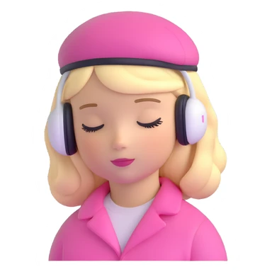 blonde American girl wearing a pink beret and AirPods Max headphones, listening to music with closed eyes sticker