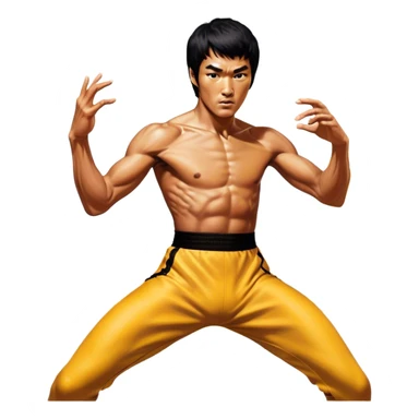 Cinematic Realistic Bruce Lee Portrait Emoji, depicted as a dynamic martial arts icon with an intense gaze and athletic physique caught in a fluid motion, rendered with vivid textures and energetic lighting that embodies his legendary prowess. sticker