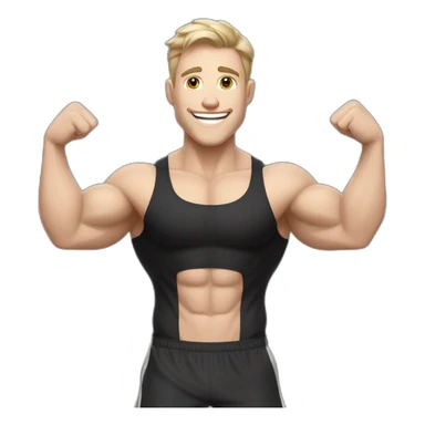 Joyful Celebrating victory Pale skinned Fit Man With the biceps and dark brown hair in black shirt, gray sports shorts and white Sneakers sticker