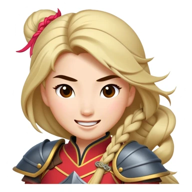 Cinematic Playful Mulan Portrait Emoji, Mid-laugh with a strand of hair falling over her face, adjusting her armor, eyes full of adventure, exuding an irresistible mix of beauty and fun, the perfect blend of warrior and princess! sticker