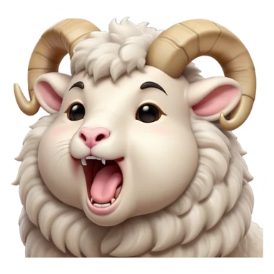 Cinematic Cute Yawning Ram Portrait Emoji, Head tilted slightly with a dramatic, wide-open yawn, showcasing a soft, woolly grey fur with gently drooping horns and ears, round dark eyes barely open in drowsy contentment, Simplified yet irresistibly adorable features, highly detailed, glowing with a soft, cozy glow, high shine, relaxed yet expressive, stylized with a touch of rugged whimsy, bright and endearing, soft glowing outline, capturing the essence of a sleepy yet affectionate ram, so drowsy it feels like it could stretch out of the screen and curl up for a nap! sticker