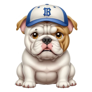 White bulldog with baseball hat sticker
