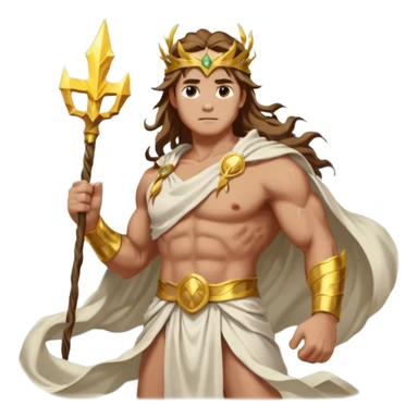 portrait of a thunder god with muscular build, white flowing toga, golden laurel crown, holding a glowing lightning bolt, long wavy hair, standing on stormy clouds, confident stance, front-facing sticker