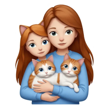 a girl with long brown hair, with blue eyes, in a
white sweater, hugs 3 cats a brown tabby and white, a ginger and white and a grey and white sticker