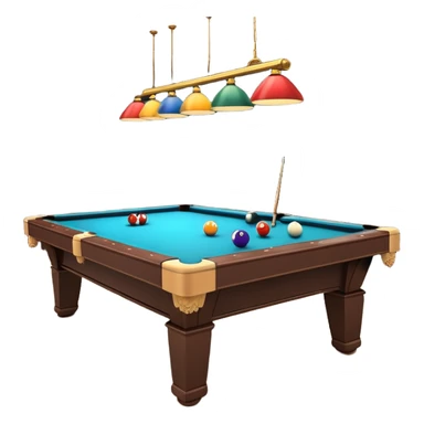 A well-arranged pool table with colorful billiard balls neatly placed, and a cue stick poised to take a shot. The setting is a dimly lit room with a focused atmosphere, highlighting the precision and strategy involved in the game of billiards. sticker