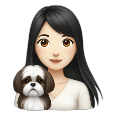 long black hair korean girl with shih tzu in white and brown sticker
