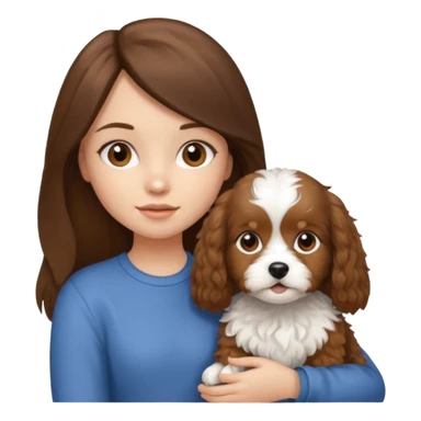 Make a girl with brunette/black straight long hair holding a cavapoo dog sticker