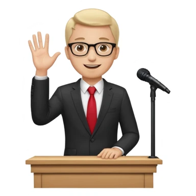 A professional clean-shaven man in a dark business suit and red tie standing behind a wooden podium, speaking confidently. A small microphone is placed on the podium. The man has glasses, a friendly smile, and open hand gestures. Soft studio lighting, neutral dark background, realistic emoji style. sticker