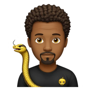 Homme noir, yeux marron avec un bouc que le menton, cheveux court et bouclé crépus avec dégradé sur le côté, avec un cobra à côté , t-shirt noir  sticker