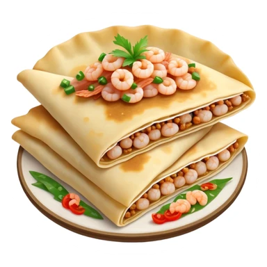 Bánh Xèo Cinematic Realistic Bánh Xèo Dish Emoji, depicted as a crispy, folded semi circle crepe filled with tiny shrimp and pork, rendered with dynamic textures and vibrant, appetizing lighting. sticker