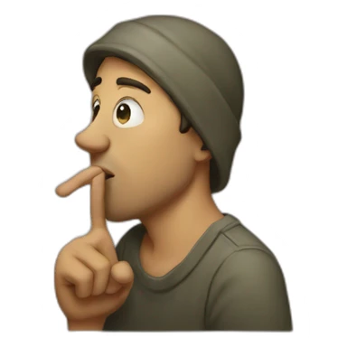 A guy with his finger in his mouth making the silence sign sticker