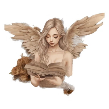 Library book bookworm academia aesthetic beige angel broken angel fallen angel tattoos with broken wing damaged wing torn wing, made of newspaper cuttings and dried flowers brown flowers sticker