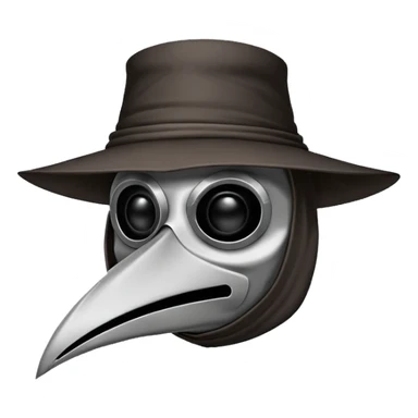 Morbid medieval plague doctor mask with a wide, sinister smile, visible in the empty eye sockets a tiny glow. Clean, stylized lines, flat vector illustration suitable for a small emote. Stylized as a medieval woodcut or metal engraving. Black and white with one accent color  sticker