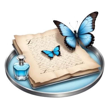 A nostalgic evening scene where an open love letter, with elegantly fading ink, lies next to a silver tray holding a vintage perfume bottle. A single pale blue butterfly lands gently on the aged parchment, as the soft scent of jasmine and peonies fills the air. sticker