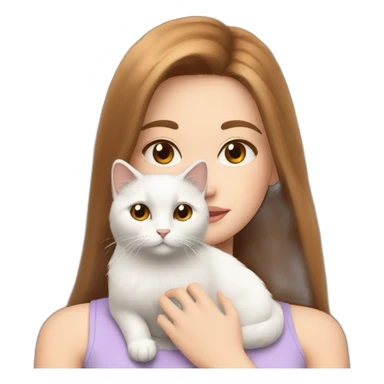 A girl with brown straight hair and on her left shoulder and neck lies a white fluffy cat with eyes of different colors sticker