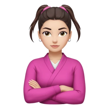 Character: Go-getter, confident, intelligent, composed
Emoji Look:

Light gray eyes, very noticeable

Well-shaped eyebrows, strong appearance

Upper ponytail

Street fashion look
Fair skin with a pink undertone

Arms crossed pose
Feeling: Girl Boss, cool beauty, minimal but powerful sticker