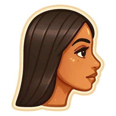 Create a side view (profile) of this woman's head, matching the same cartoon emoji style of the reference image, with long dark hair and similar facial features. Variant 2. sticker