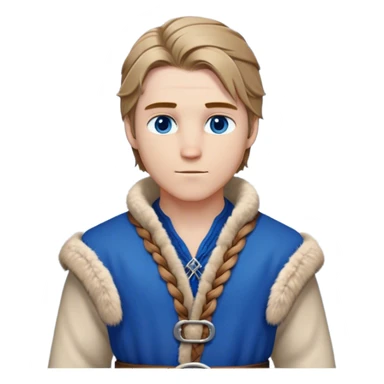 Medieval winter outfit worn by a DnD themed fantasy male character. Double-thick russet wool tunic with mink fur trim, featuring carved wooden toggles and a wide braided leather belt. Clothes only above the waist, full waist coverage. The character has no arms. Character is white-skinned with dark blonde hair, sapphire blue eyes, and medium-length straight hair touched by winter frost. sticker