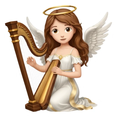 Female angel holding harp with flowing brown hair sticker