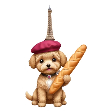 Tan maltipoo wearing a beret in Paris holding a baguette by the Eiffel Tower show the Eiffel Tower  sticker