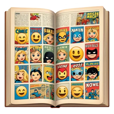 detailed and vintage-inspired emoji representing comic magazines and graphic novels as a storytelling art form. a large, open comic magazine with pages filled with classic American comic book panels. classic feel of old-school comic books a graphic novel. background transparent sticker