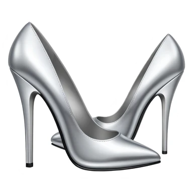 A pair of high heel shoes emoji made of polished silver chrome, elegant sharp silhouette, smooth metallic surface, glossy reflections, luxury sexy vibe, minimalistic iOS emoji style, centered, clean white background sticker