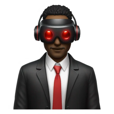 Cyberpunk man wearing black suit, red VR headset sticker
