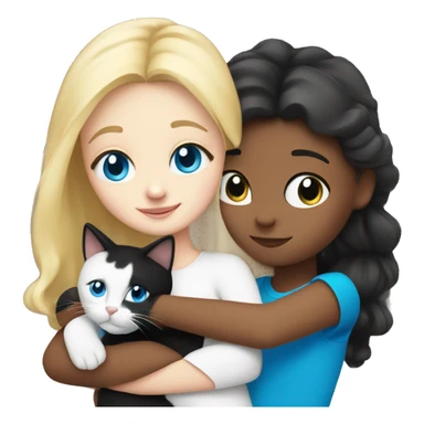 Blonde girl blue eyes hugging black and white cat sticker