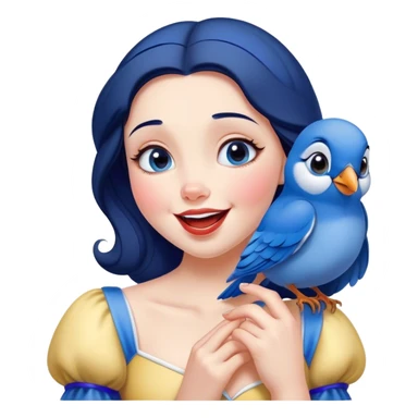 Cinematic Adorable Snow White Portrait Emoji, Giggling as a bluebird perches on her finger, cheeks rosy with joy, bright expressive eyes full of wonder, her innocence and beauty blending into a heartwarming moment! sticker