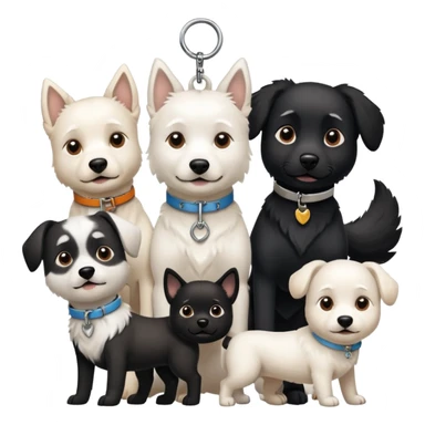 Four white dogs hanging a black dog with a collar sticker
