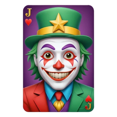 1 poker card, perfectly squared card, with crazy colorful human jolly joker inside, star symbol with a "J" sticker