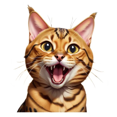Cinematic Comical Bengal Cat Portrait Emoji, Head tilted dramatically while yawning exaggeratedly, sleek spotted brown and gold fur, Simplified yet hilariously adorable features, highly detailed, glowing with an almost sarcastic glow, high shine, a mix of lazy and curious, stylized with a touch of playful whimsy, bright and alert but with a comical expression, soft glowing outline, capturing the essence of a mischievous yet overly dramatic kitten, so meme-worthy it feels like it could leap off the screen and sarcastically demand attention, perfect for the internet's next viral meme! sticker